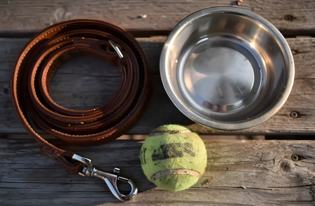 A leather leash, stainless steel water bowl, and tennis ball arranged on wooden porch boards