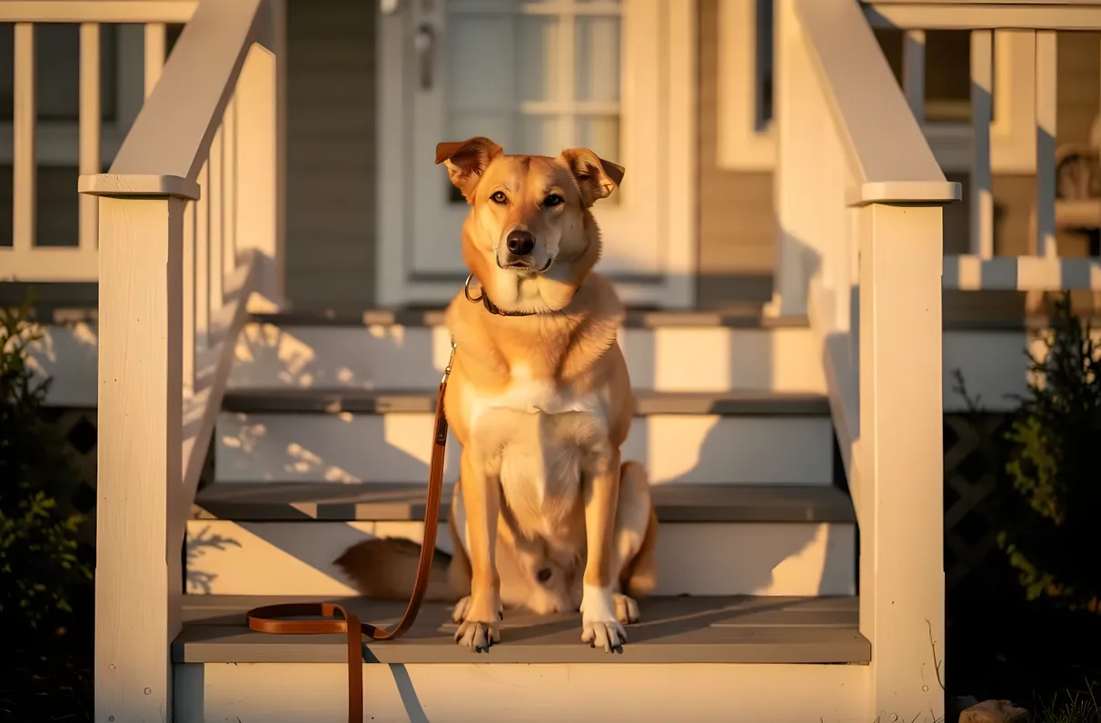 A leashed dog sitting on white porch steps in warm evening light
