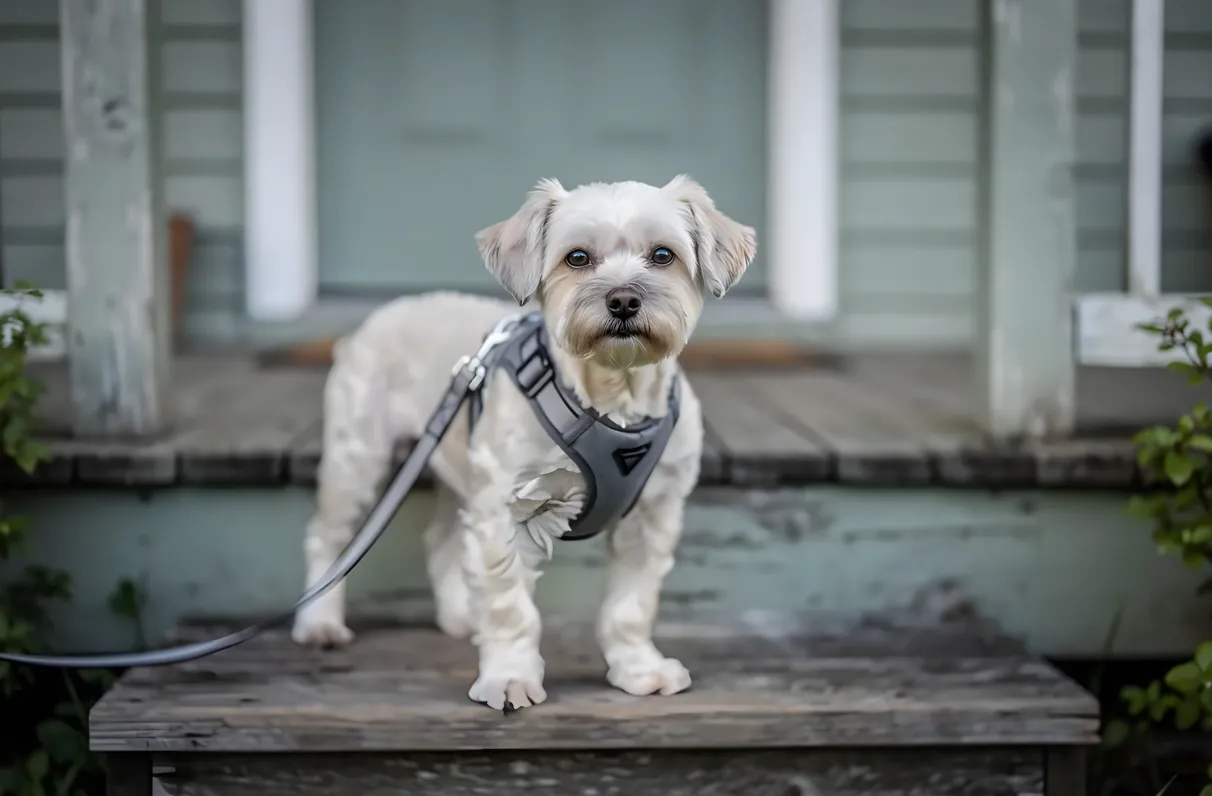 A small terrier-mix dog wearing a harness and leash standing on a wooden porch