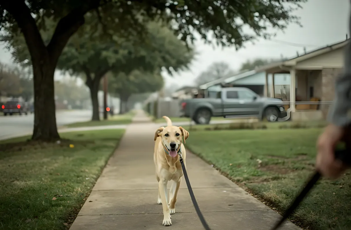 A dog walker leading a leashed dog down a quiet residential street in Seguin, Texas, in early morning light