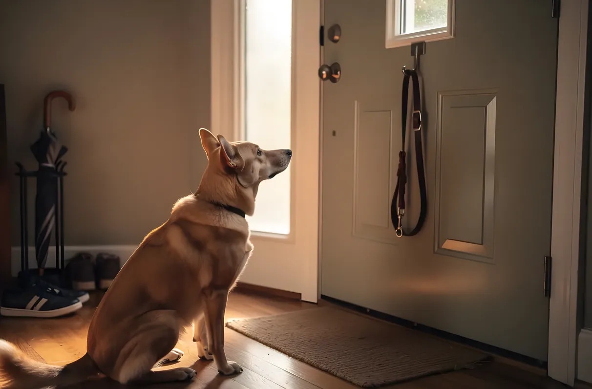 A dog waiting by a front door with a leash