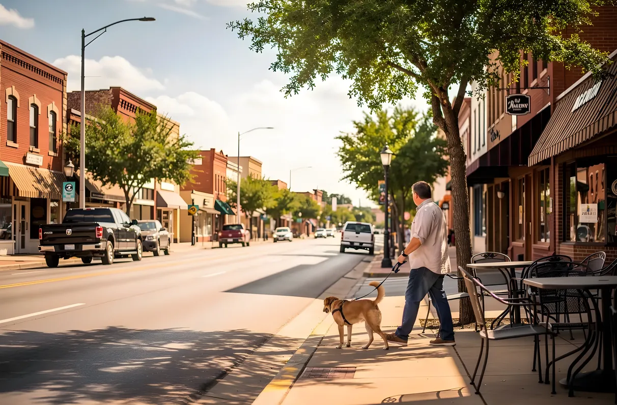 A small-town Texas street with storefronts and shade trees